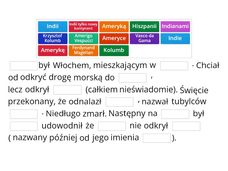 Wielkie odkrycia geograficzne-odkrywcy - Uzupełnij zdanie Sprawdzian Z Historii Klasa 6 Dział 1 Wielkie Odkrycia Geograficzne