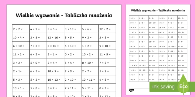Wielkie wyzwanie Tabliczka mnożenia Pisownia ó ćwiczenia Do Wydruku Klasa 2
