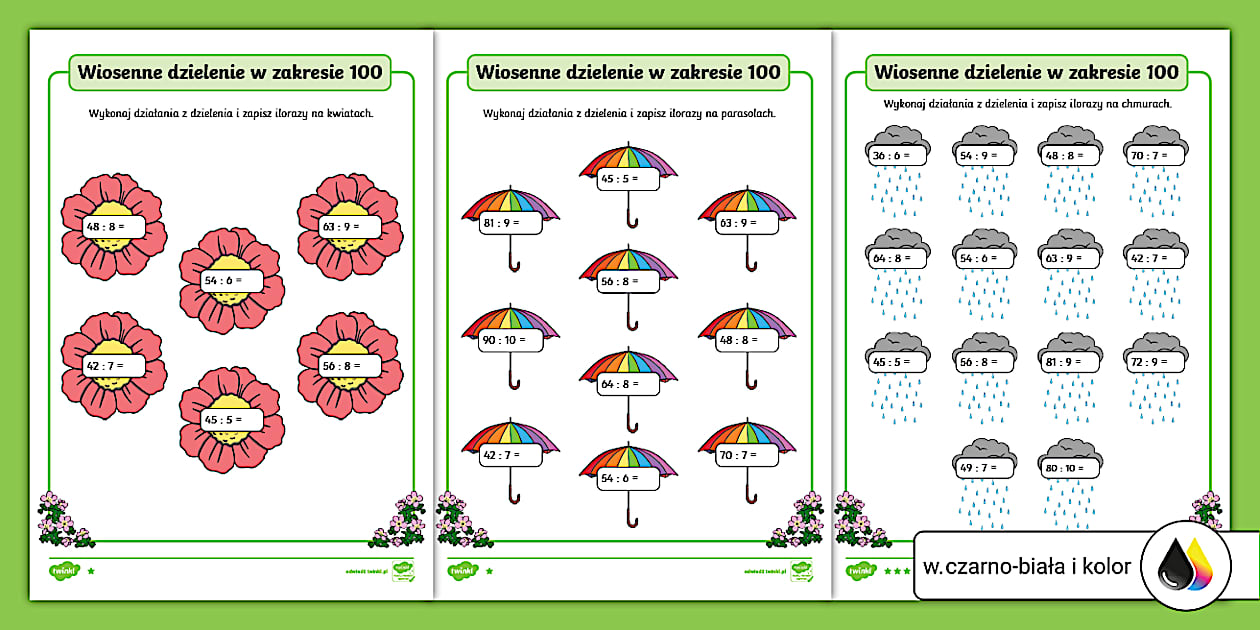 Wiosenne dzielenie w zakresie 100 | Karta pracy | 3 poziomy Zadania Tekstowe Klasa 3 Mnożenie I Dzielenie W Zakresie 100
