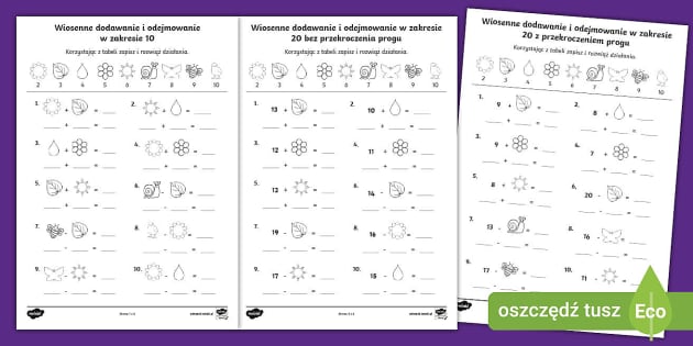 Wiosna | Dodawanie i odejmowanie w zakresie 10 i 20 | Karta pracy Dodawanie I Odejmowanie W Zakresie 10 Karty Pracy