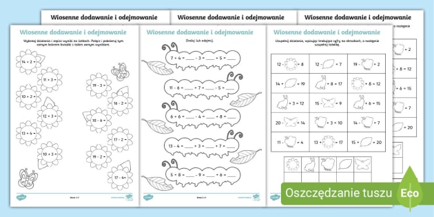 Wiosna | Dodawanie i odejmowanie w zakresie 20 | Karta pracy Dodawanie I Odejmowanie W Zakresie 3 Karty Pracy