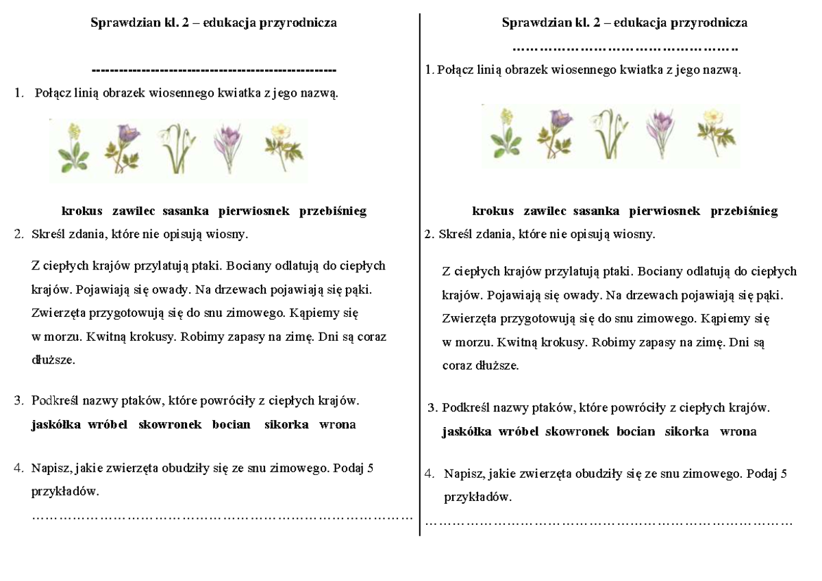 Edukacja Przyrodnicza Klasa 2 Sprawdzian