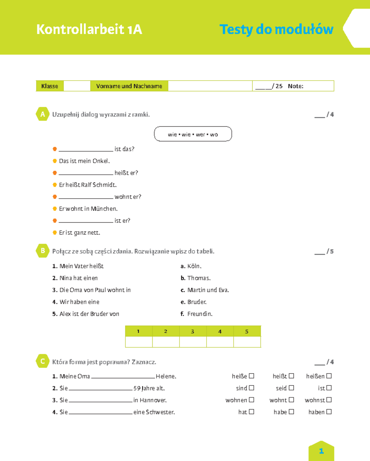 Wir Smart 1 LHB 010 Testy do modulow - Kontrollarbeit 1A Testy do Wir Smart 1 Sprawdziany Pdf