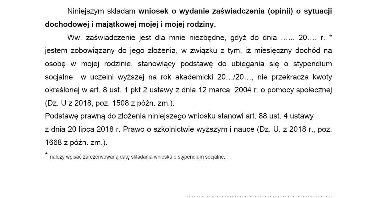 Wniosek do Osrodka Pomocy Spolecznej o wydanie zaswiadczenia o sytuacji Oświadczenie O Sytuacji Finansowej Rodzinnej I Majątkowej