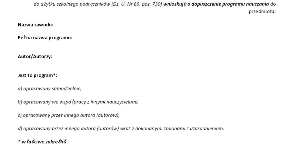 Wniosek O Dopuszczenie Programu Wychowania Przedszkolnego 2017