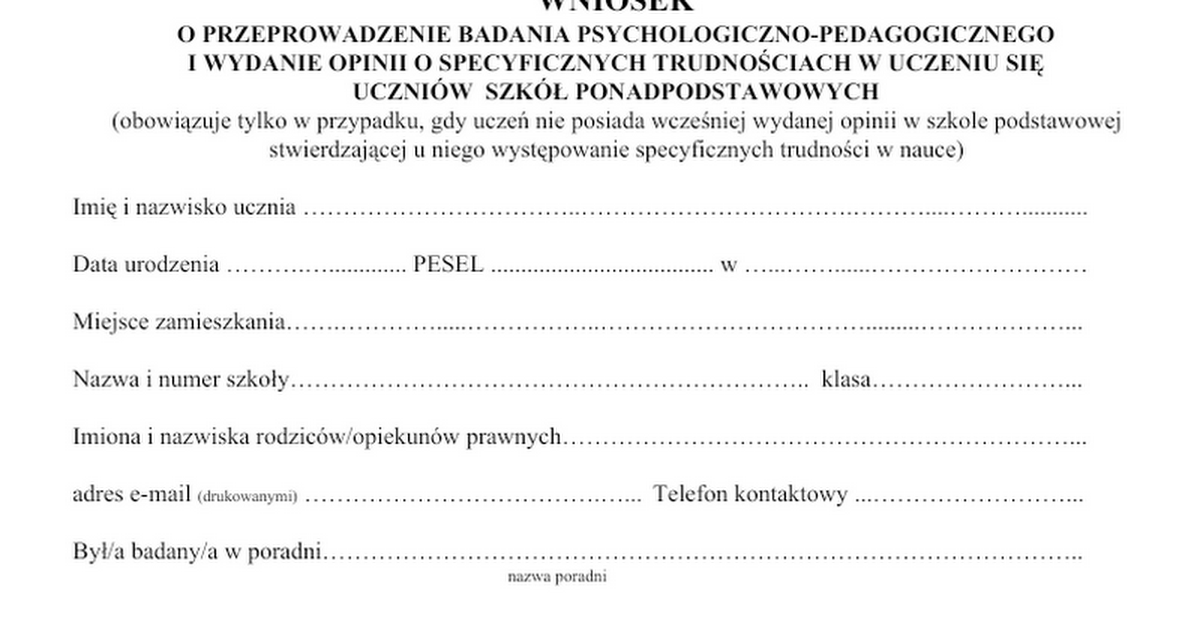 Wniosek szkoły o przeprowadzenie badania psychologiczno-pedagogicznego Podanie O Pozostawienie W Szkole