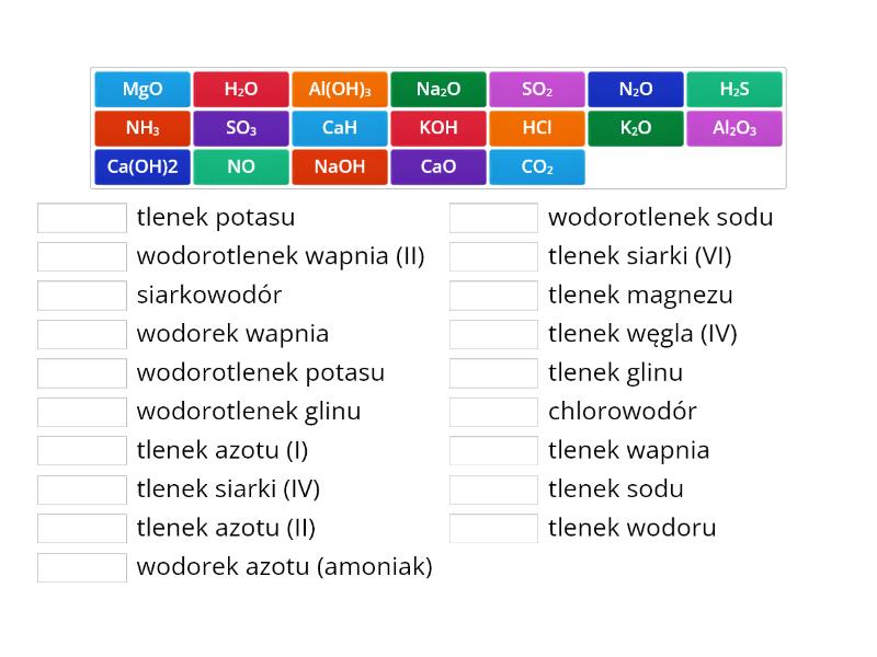 Wodorki, tlenki i wodorotlenki- nazwy i wzory - Połącz w pary Tlenki I Wodorotlenki Klasa 7 Test