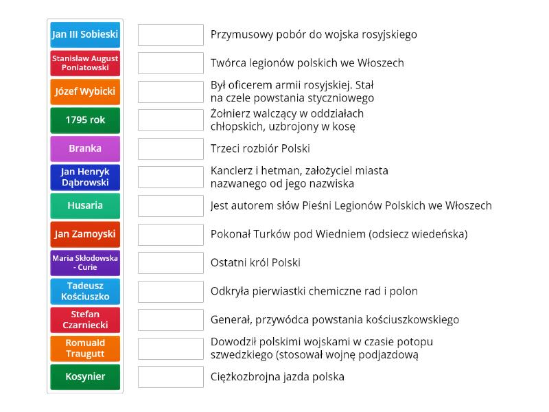 Wojny i upadek Rzeczpospolitej kl 4 roz. 3 utrwalenie - Połącz w pary Wojny I Upadek Rzeczypospolitej Klasa 4