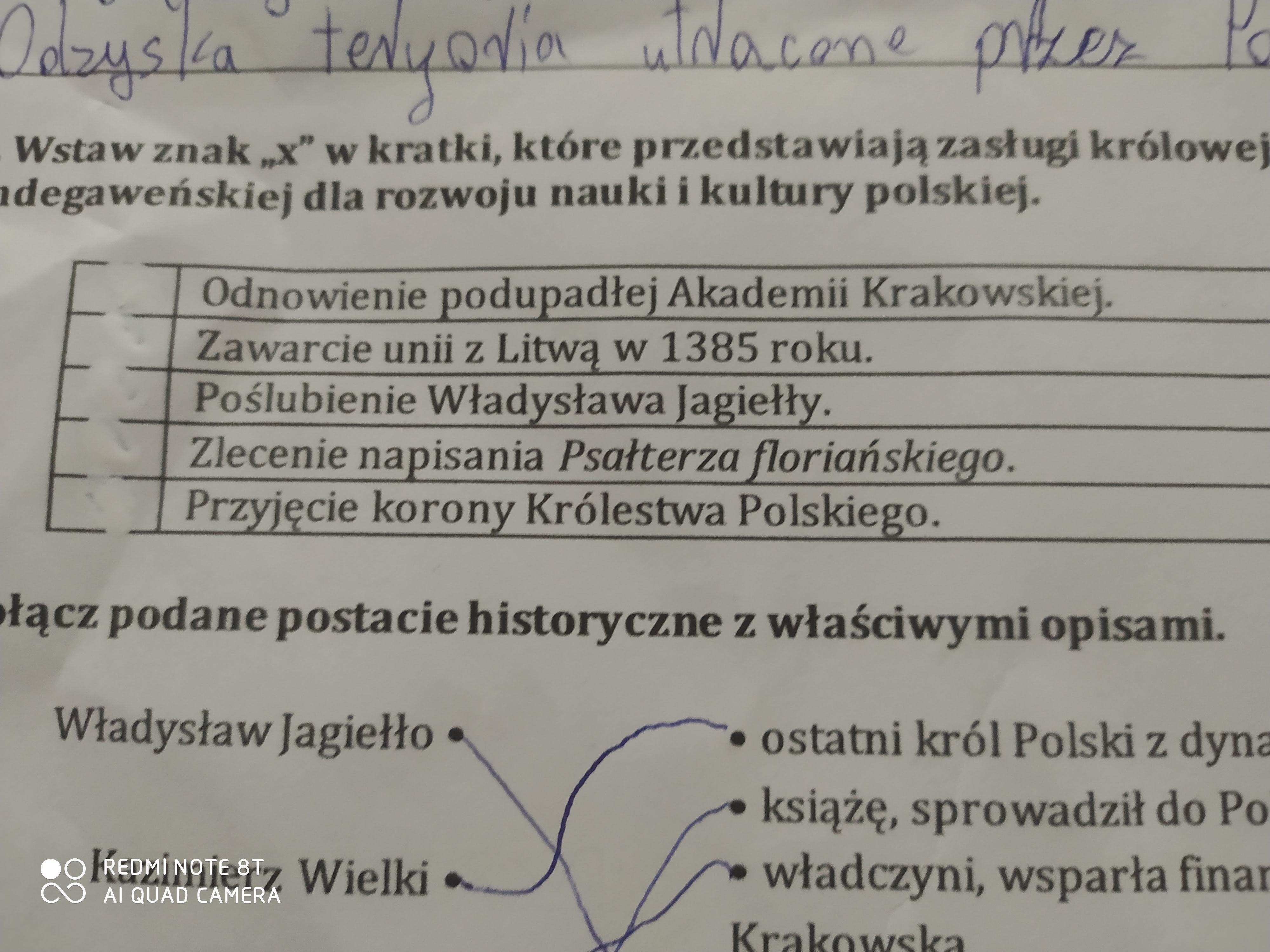 Wstaw znak x w kratki które przedstawiają zasługi królowej Jadwigi Wymień Zasługi Jadwigi Dla Polskiej Kultury I Nauki