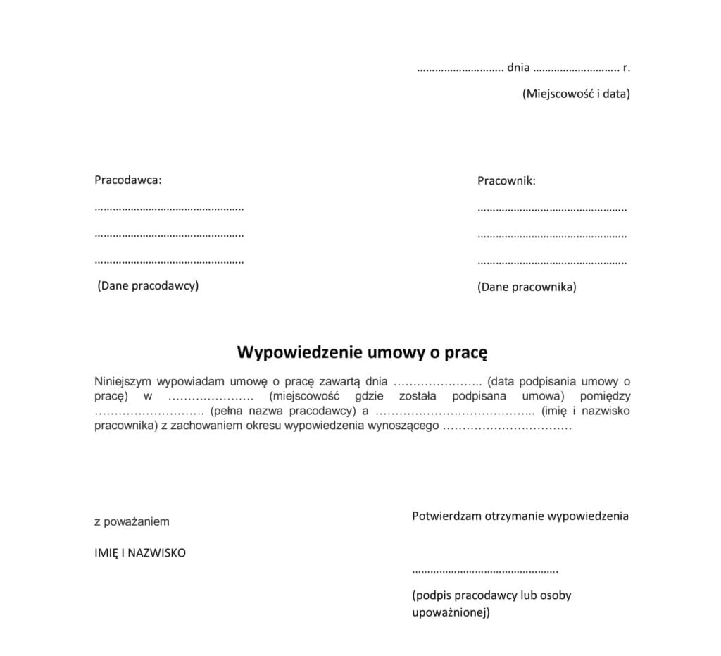 Wypowiedzenie Umowy O Prace Wzor Do Wydruku - Image to u Wzór Odpowiedzi Na Skargę Pacjenta