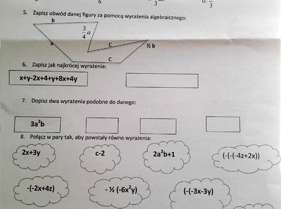 Wyrażenia algebraiczne-karta pracy – zadania, ściągi i testy – Zapytaj Testy Wyrażenia Algebraiczne Klasa 7