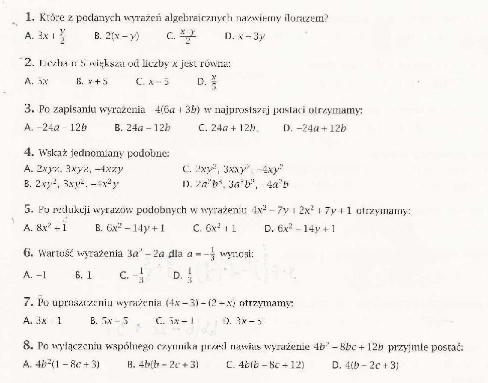 wyrażenia algebraiczne klasa 7 - Brainly.pl Matematyka Wyrażenia Algebraiczne Klasa 7 Test
