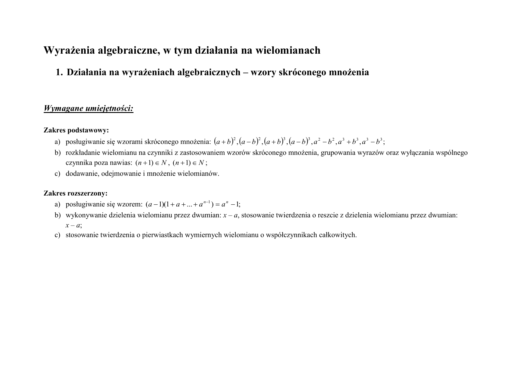 Wyrażenia Algebraiczne Klasa 1 Liceum Sprawdzian