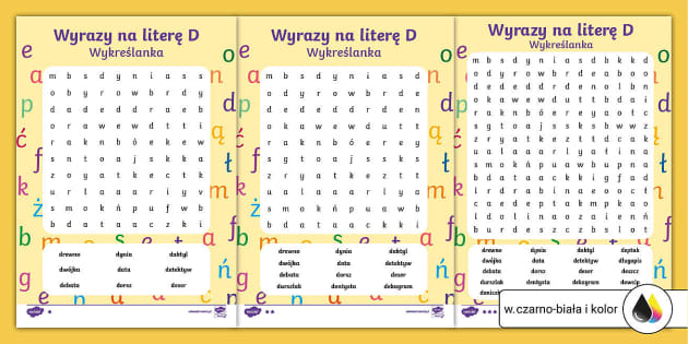 Wyrazy na literę D | Wykreślanka | Alfabet i litery Imie Bohatera Ksiazki Na Litere D