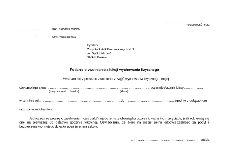 Wzor Podania o Dlugoterminowe Zwolnienie Dziecka Z Lekcji WF | PDF Jak Napisać Podanie O Zwolnienie Z Wf Na Cały Rok