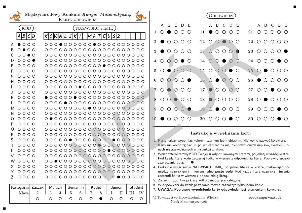 Wzór prawidłowo wypełnionej karty odpowiedzi Kangur Matematyczny Kategorie Wiekowe