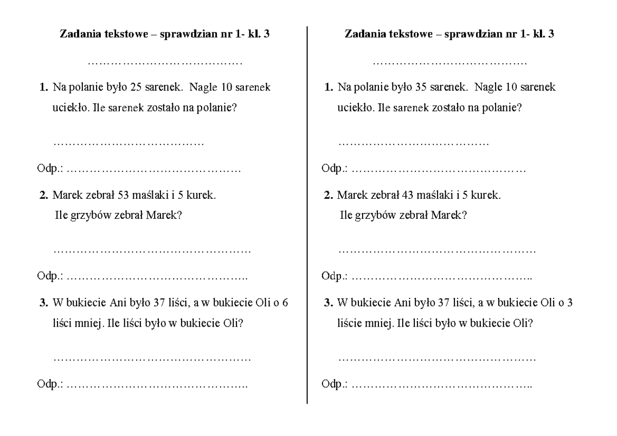 Sprawdzian Zadania Tekstowe Klasa 2