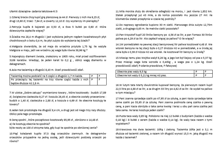 Zadania Tekstowe Klasa 5 Sprawdzian