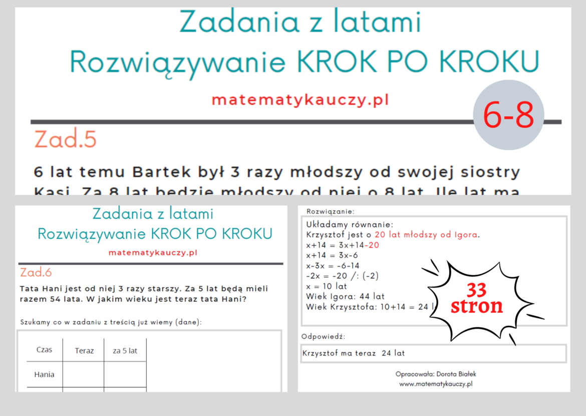 Zadania z treścią z latami + ROZWIĄZANIA KROK PO KROKU / Karty pracy kl Geometria Klasa 6 Zadania Pdf