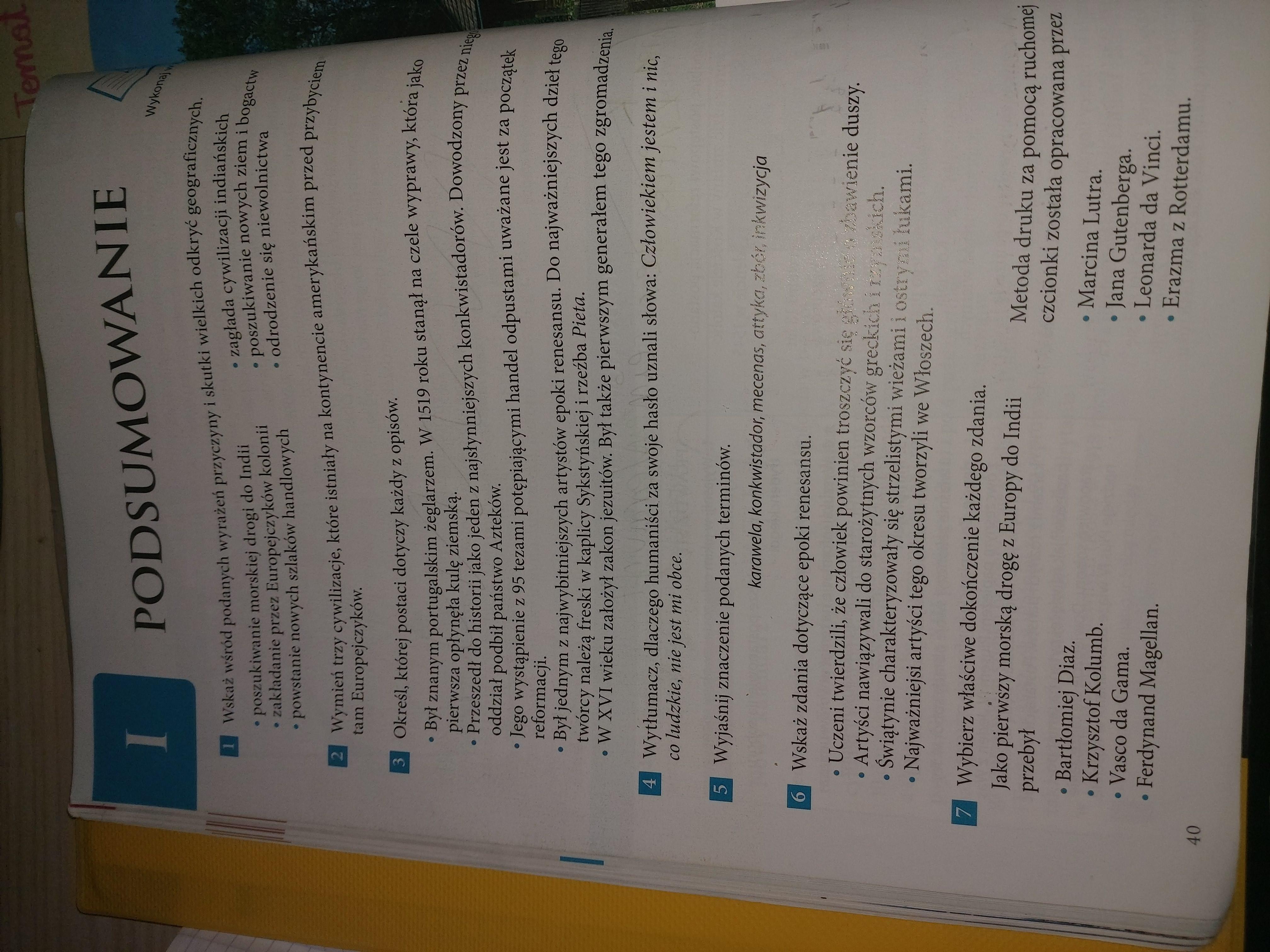 zadanie 1,2,3,4,5,6,7 str.40 HISTORIA podręcznik wczoraj i dziś kl6 E Podręcznik Historia Klasa 6