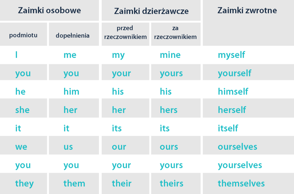 Zaimki angielskie. Przykłady użycia i tabele gotowe do nauki. Zaimki Dzierżawcze Angielski ćwiczenia Klasa 4