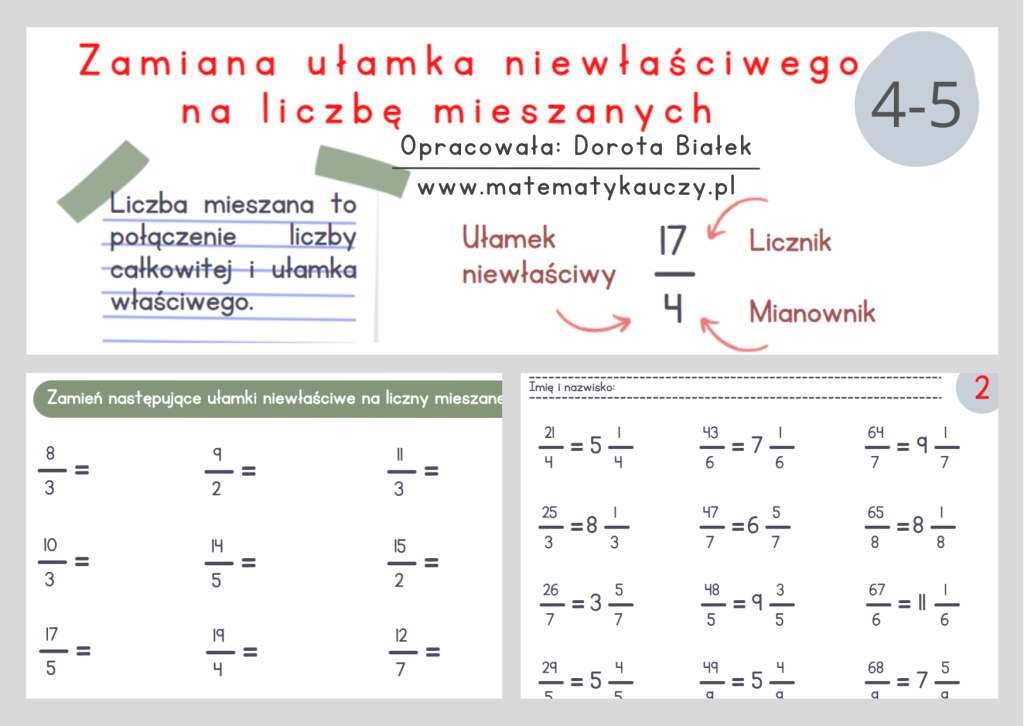 Zamiana ułamka niewłaściwego na liczbę mieszaną PDF / KARTY PRACY kl.4 Test Ulamki Zwykle Klasa 5 Do Druku
