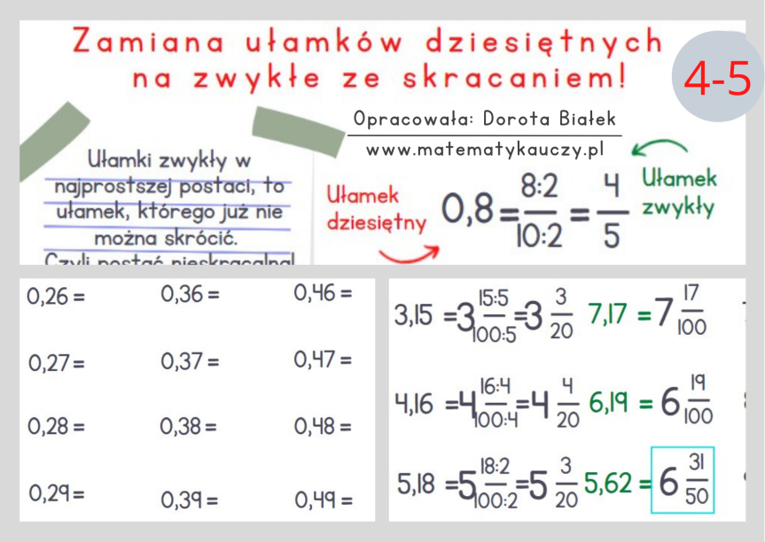 Zamiana ułamka zwykłego o mianowniku 10, 100, 1000 na ułamek dziesiętny Ulamki Zwykle Klasa 4 Karty Pracy