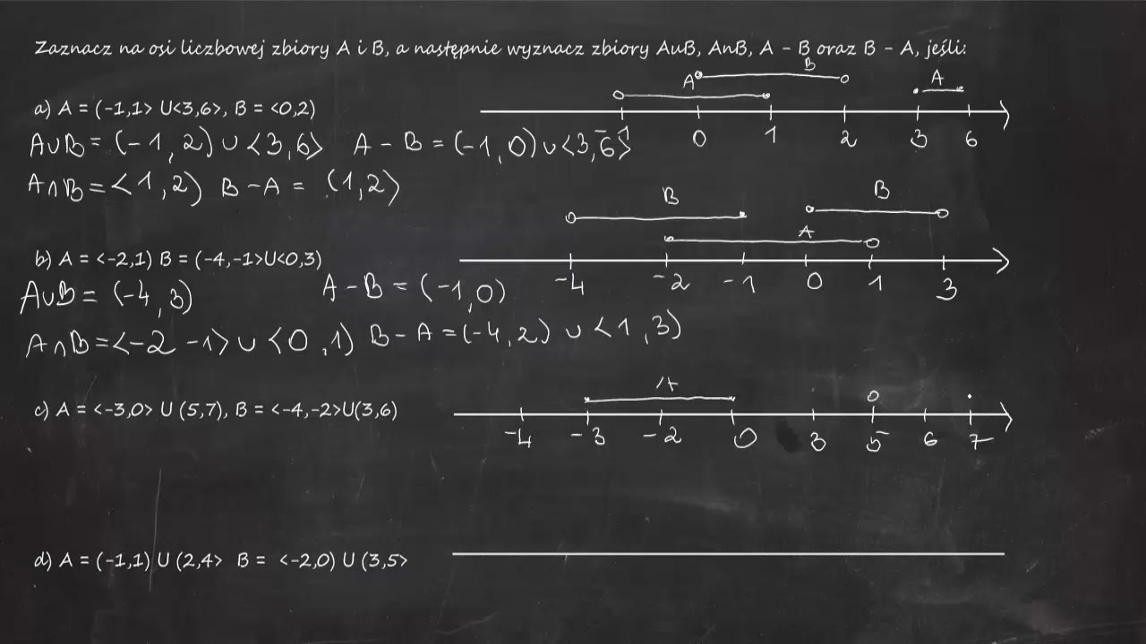 Zaznacz na osi liczbowej zbiory a) A = (-1,1] U [3,6], B = [0,2) b) A Zaznacz Na Trzech Różnych Osiach Podane Zbiory Liczbowe