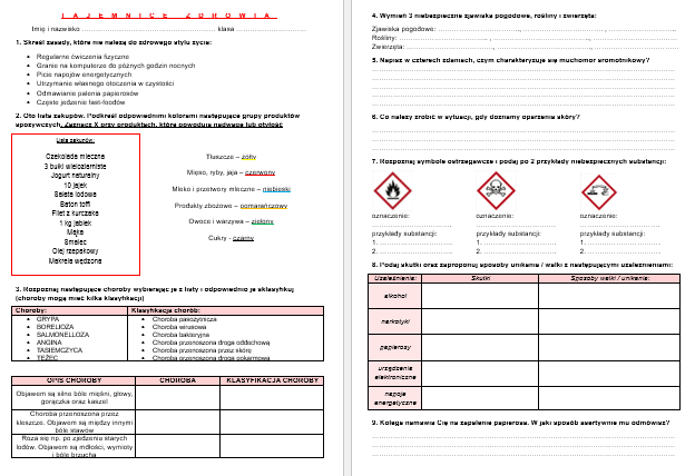 Zdrowie i niebezpieczne sytuacje - karta pracy • Złoty nauczyciel Odkrywamy Tajemnice Zdrowia Sprawdzian Klasa 4 Pdf