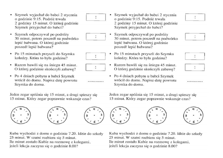 Zegary - Zadania T. | PDF Zadania Zegary Klasa 1 Do Druku