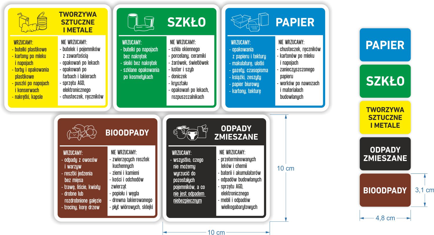 Zestaw 2 x 5 szt. naklejek na kosze do segregacji odpadów Napisz List Oficjalny O Brak Koszy Do Segregowania śmieci