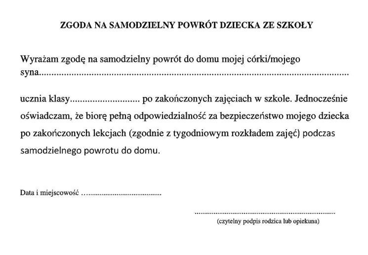 Zgoda Na Samodzielny Powrót Dziecka Ze Szkoły Doc