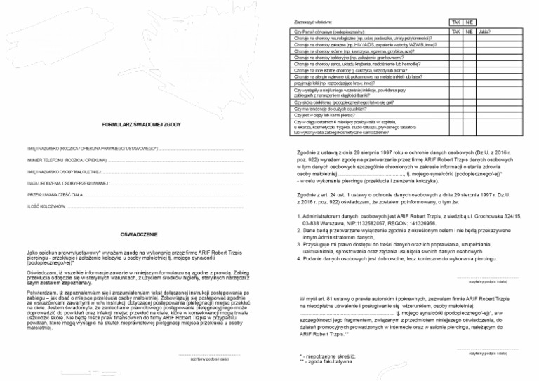 Zgoda Piercing | PDF Zgoda Na Pracę Nieletniego Dziecka Wzór