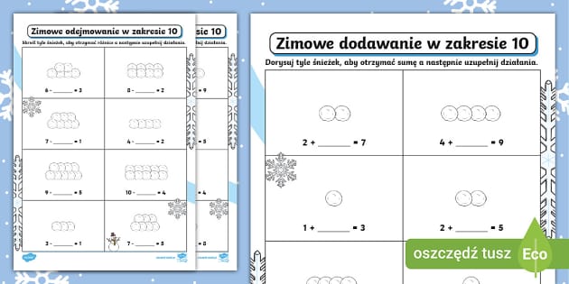 Zimowe dodawanie i odejmowanie | Liczenie w zakresie 10 | Zadanie Dodawanie I Odejmowanie W Zakresie 10