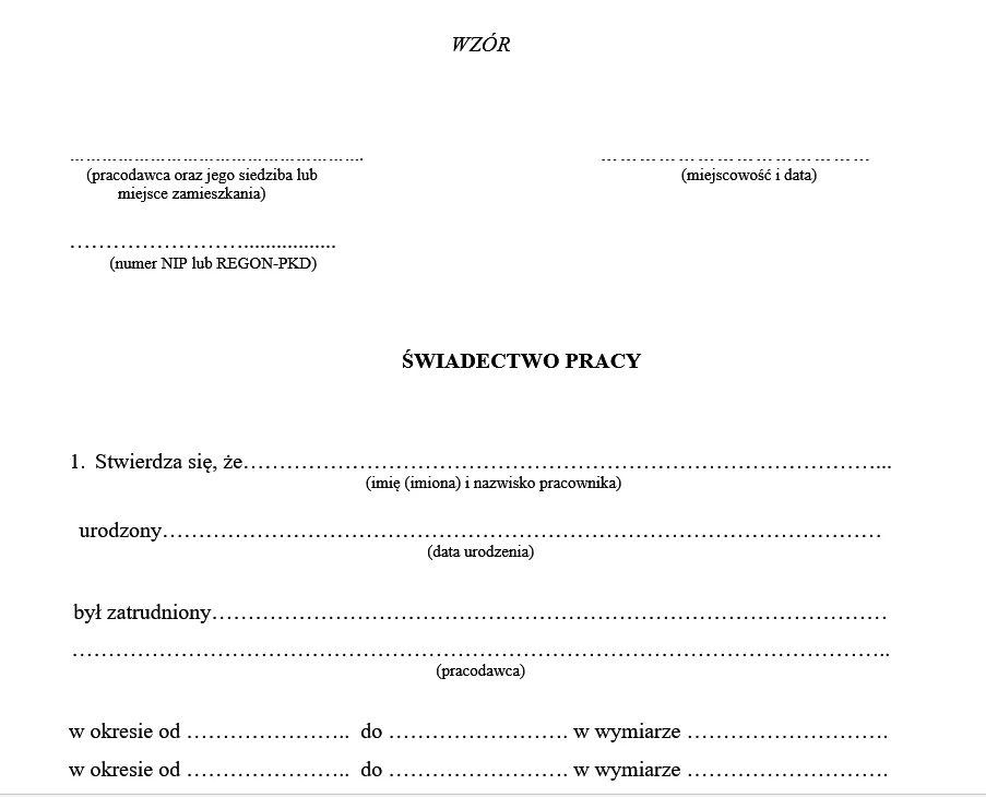 Zmiany w świadectwie pracy 2023 - okazjonalna praca zdalna, urlop Duplikat świadectwa Pracy Wzór Doc