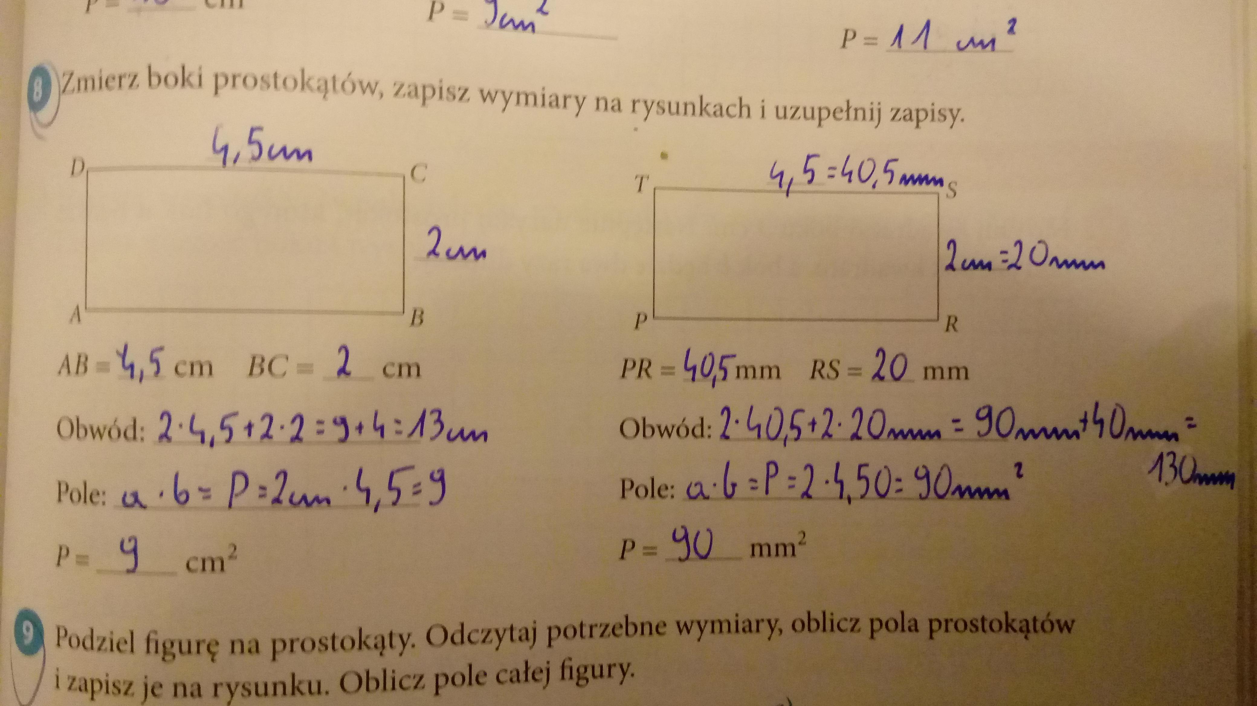 Zmierz boki prostokątów, zapisz wymiaryna rysunku i uzupełnij zapisy Zmierz Boki Prostokąta Zapisz Długości Na Rysunku I Oblicz Pole