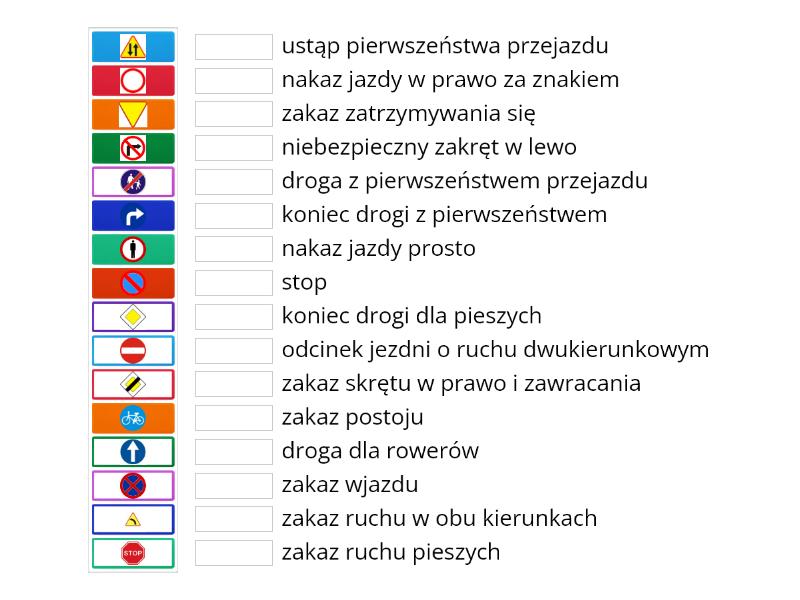 Znaki drogowe klasa 4 - Połącz w pary Sprawdzian Znaki Drogowe Klasa 4