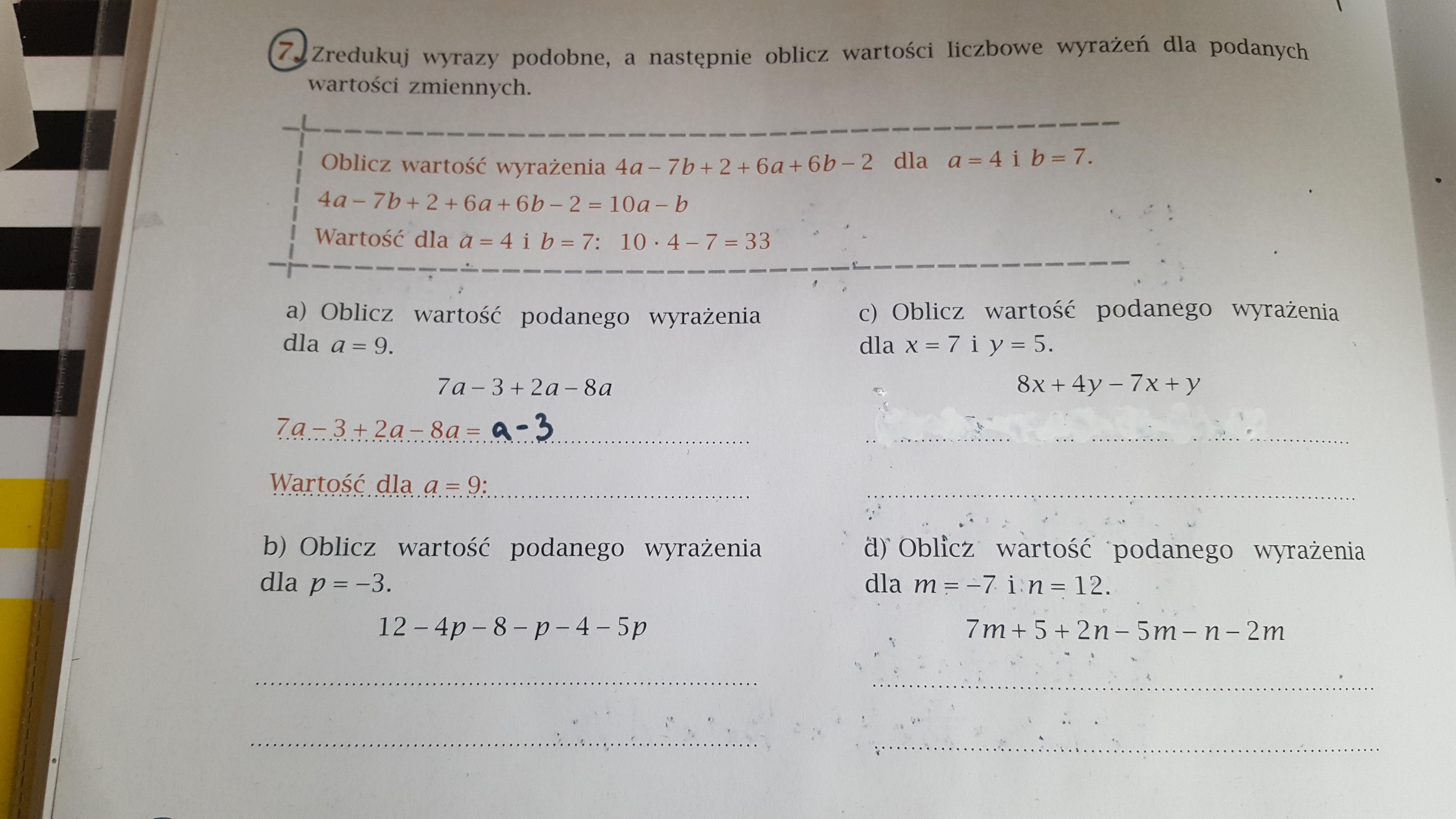 Oblicz Wartości Liczbowe Sum Najpierw Zredukuj Wyrazy Podobne
