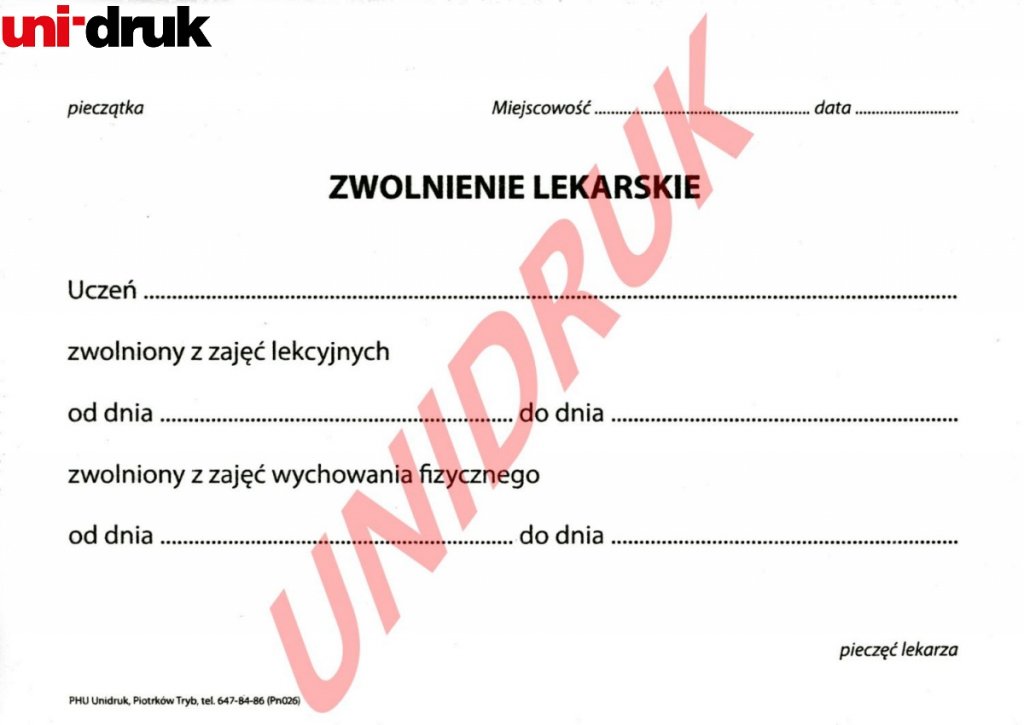 Zwolnienie lekarskie dla ucznia do szkoły druk wzór - drukarnia Uni-Druk Zwolnienie Z Dwóch Ostatnich Lekcji